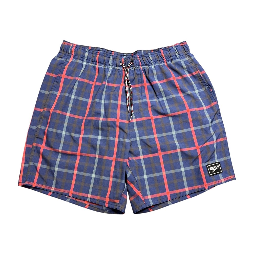 Speedo Swim Trunks Men's MED Plaid Navy Blue Red Mesh Liner Board Shorts 8-11729